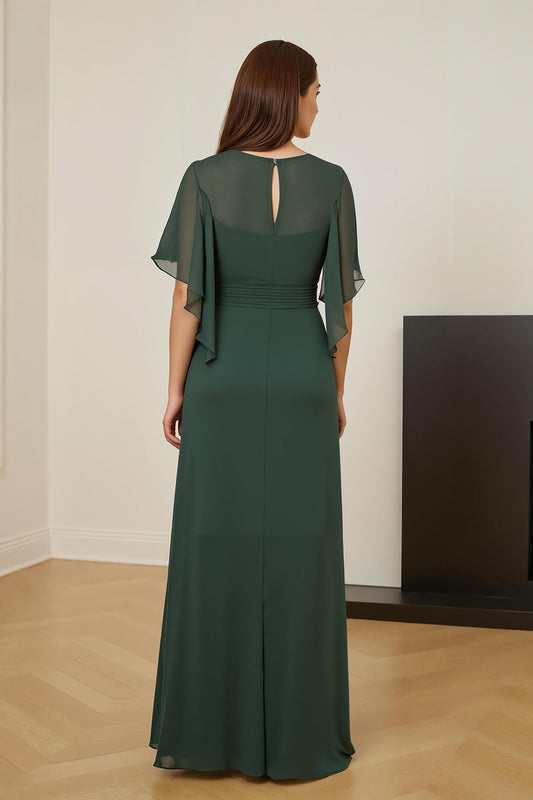 Robe vert foncé froncée pour la mère de la mariée avec manches flottantes