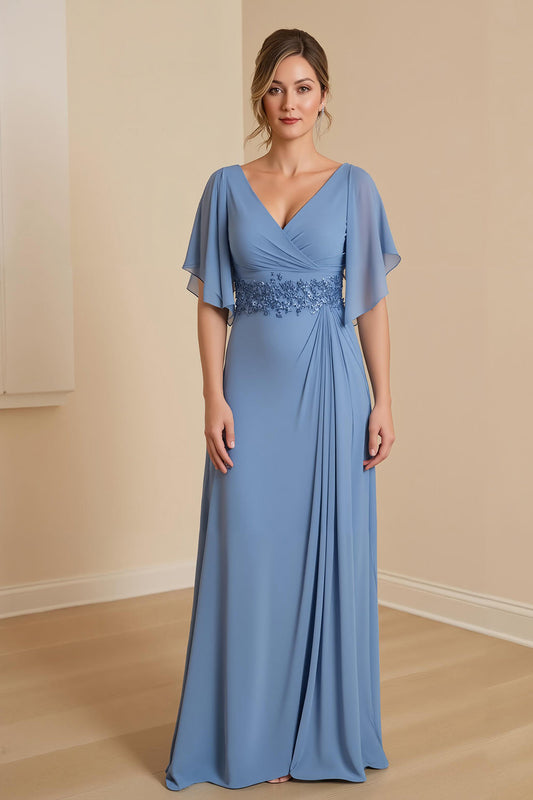 Dusty Blue A-Line V-Neck Chiffon Mother of the Bride Dress with Appliques