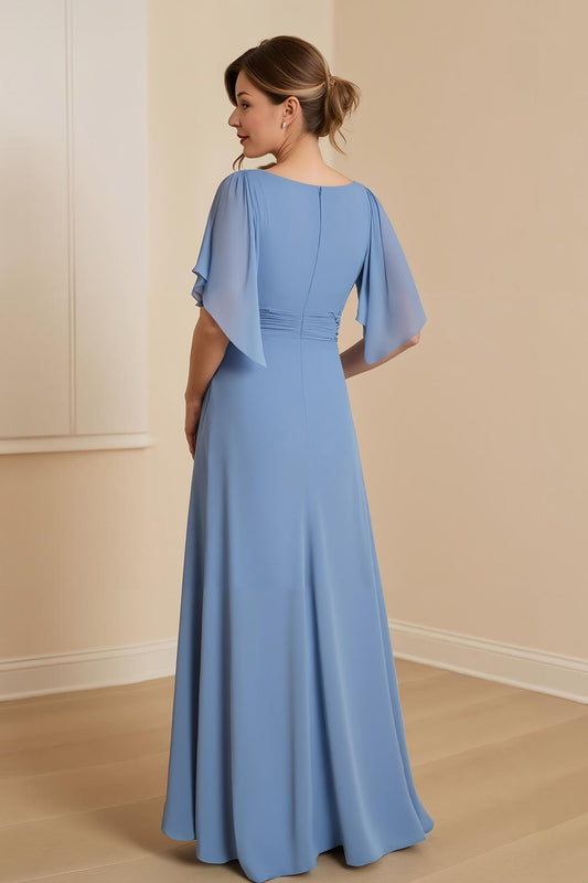 Dusty Blue A-Line V-Neck Chiffon Mother of the Bride Dress with Appliques