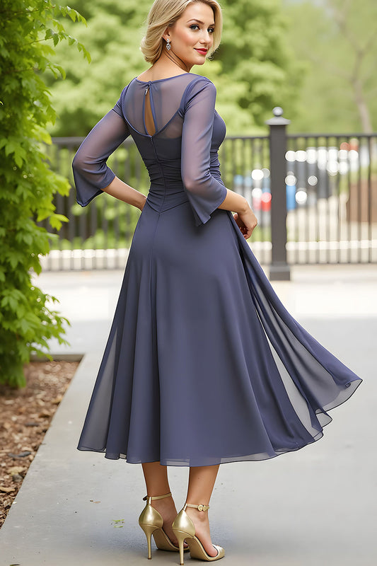 Élégante robe mi-longue de mère de la mariée en mousseline de soie gris ligne A avec encolure bateau