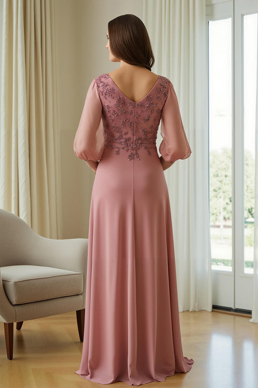 Robe de mère de la mariée en mousseline rose poudré avec appliques