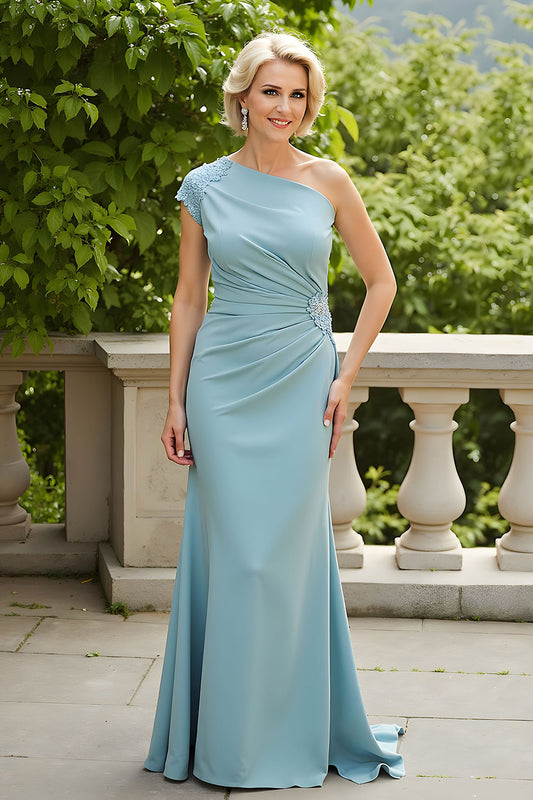 Light Blue Sheath One-Shoulder Mother of the Bride Dress with Appliques