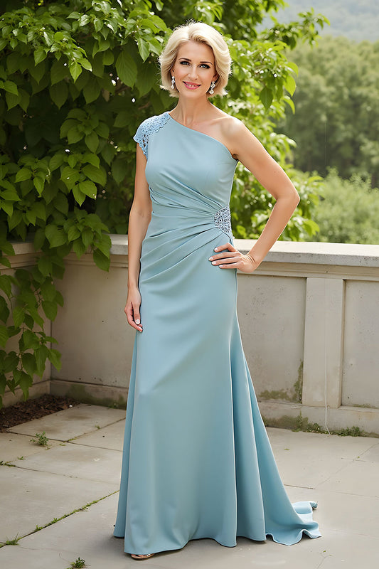 Light Blue Sheath One-Shoulder Mother of the Bride Dress with Appliques