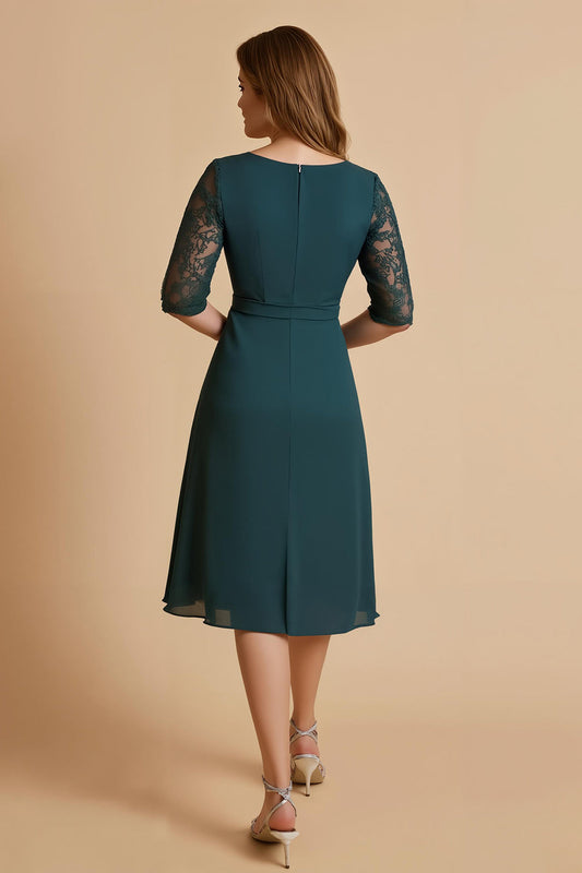 Robe mi-longue en mousseline de soie vert pin avec col en V, manches mi-longues, pour la mère de la mariée