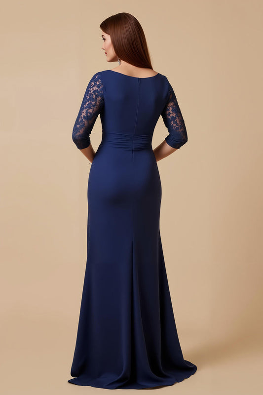 Navy Sheath Chiffon Ruffled Ruched Long Mother of the Bride Dress with Sleeves