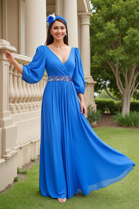 Blue A Line Chiffon V-Neck Long Mother of the Bride Dress with Sleeves