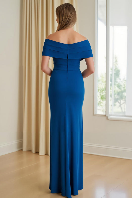 Robe longue fourreau bleue en mousseline de soie, épaules dénudées, avec fente, pour mère de la mariée