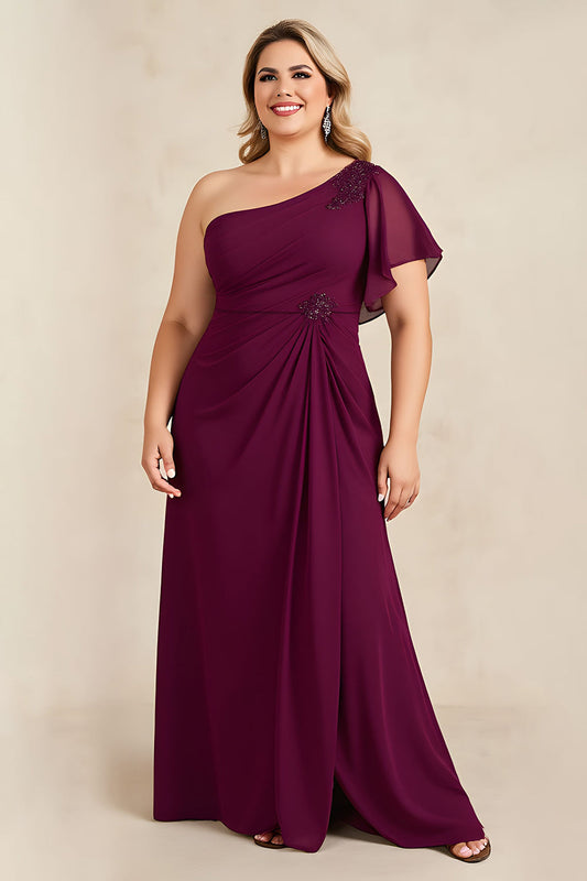 Burgundy One Shoulder A-Line Appliqued Long Chiffon Choir Dress
