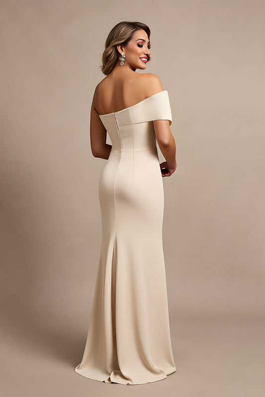 Apricot One Shoulder Ruched Long Satin Mother of the Bride Dress with Beading