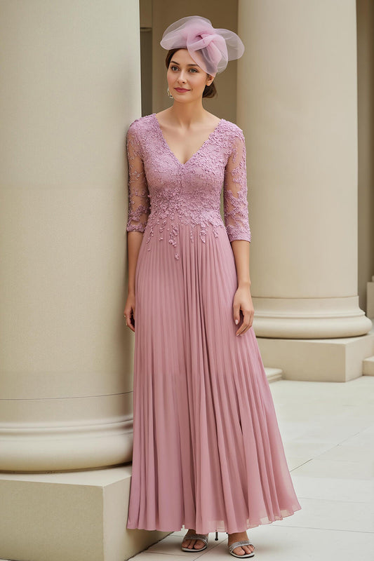 Robe trapèze en col V Dusty Rose avec manches 3/4 et appliques, pour la mère de la mariée