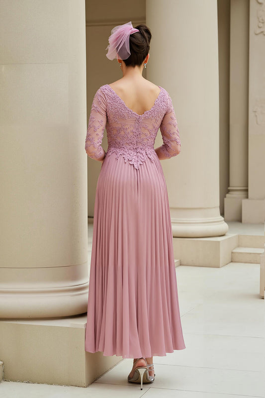 Robe trapèze en col V Dusty Rose avec manches 3/4 et appliques, pour la mère de la mariée