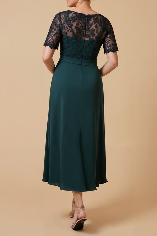 Robe fourreau en pin à col en V et manches courtes, pour la mère de la mariée, avec dentelle