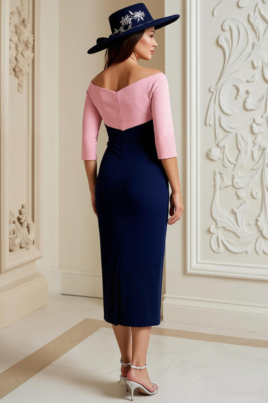 Robe de mère de la mariée bleu marine à manches 3/4, épaules dénudées et appliques de dentelle