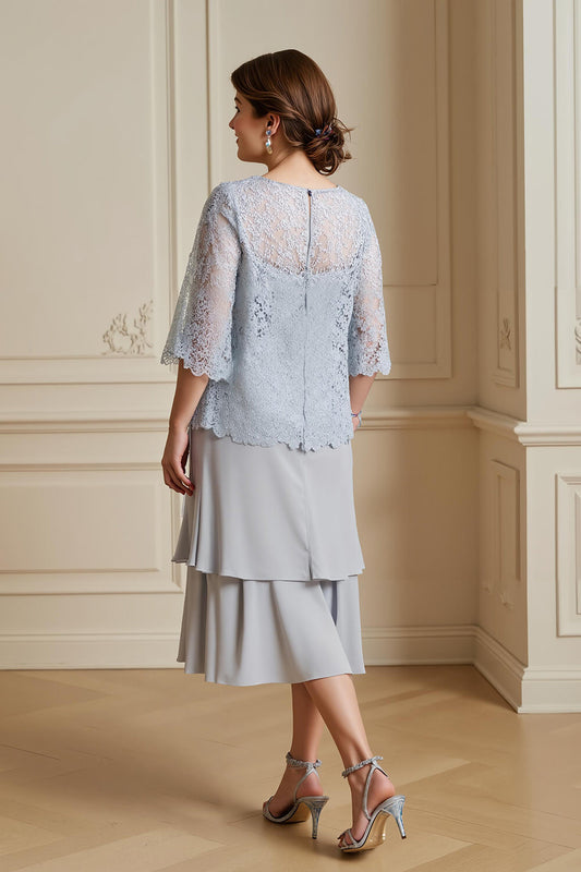 Robe de mariée 2 pièces argentée avec manteau en dentelle, mousseline à étages, ligne A