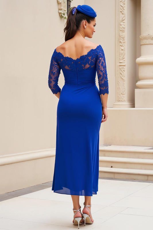 Robe de mariée bleu roi à épaules dénudées avec manches 3/4 en dentelle