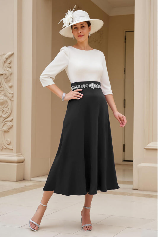 Black and White A-Line Bateau Neck Mother of the Bride Dress with Beading