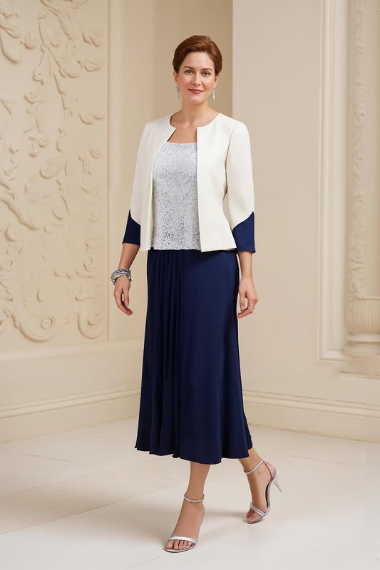 Robe de mère de la mariée trapèze bleu marine avec encolure bateau, 3 pièces et dentelle
