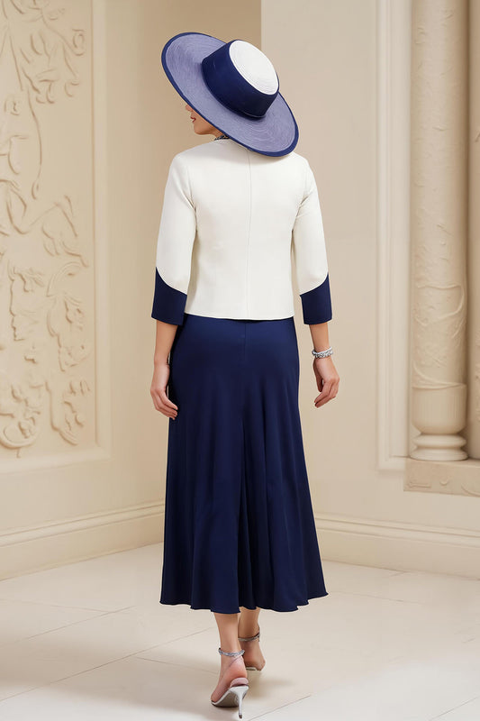 Robe de mère de la mariée trapèze bleu marine avec encolure bateau, 3 pièces et dentelle
