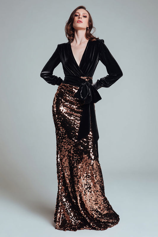 Robe fourreau longue de soirée à ceinture, avec sequins noirs scintillants et café