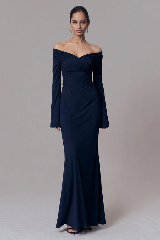 Robe de Soirée Longue Bleu Marine en Satin Épaules Dénudées avec Manches