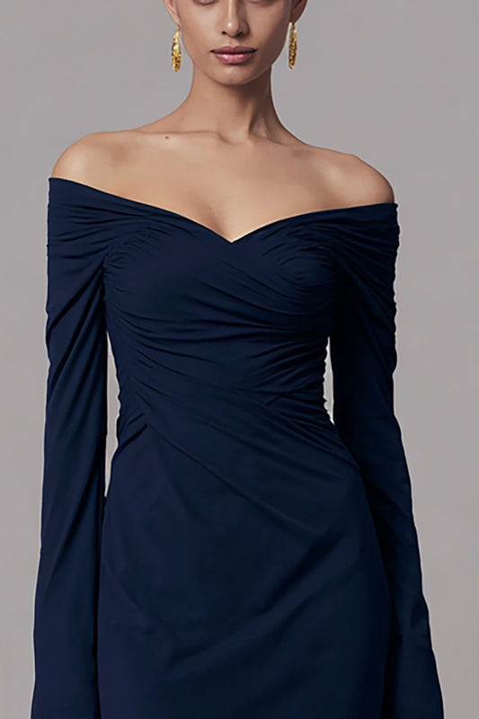 Robe de Soirée Longue Bleu Marine en Satin Épaules Dénudées avec Manches