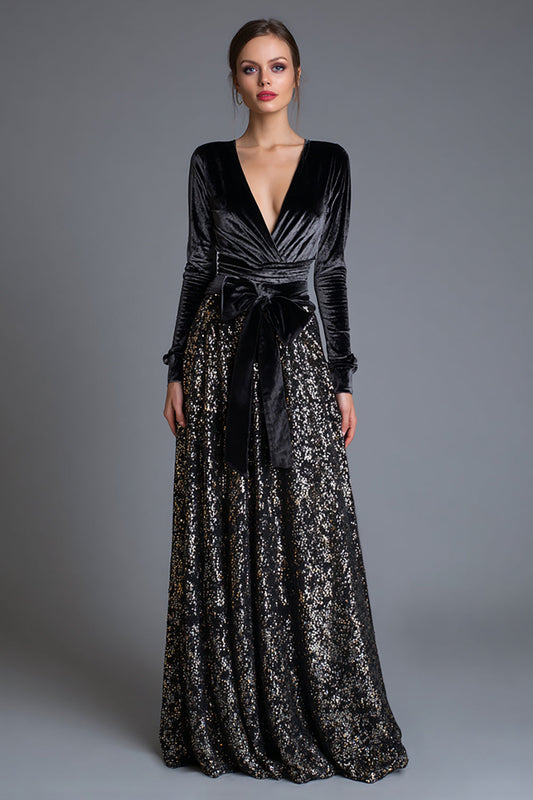 Robe longue de cérémonie noire scintillante à sequins avec nœud et coupe trapèze