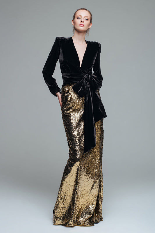 Sparkly Black and Gold Sheath Sequin Long Formal Dress with Bow