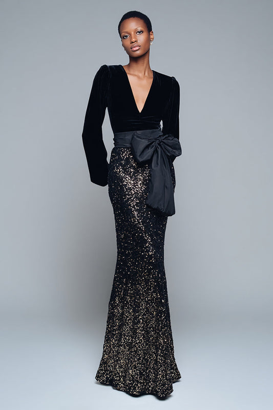Robe de soirée longue sirène noire scintillante à sequins avec nœud et col en V