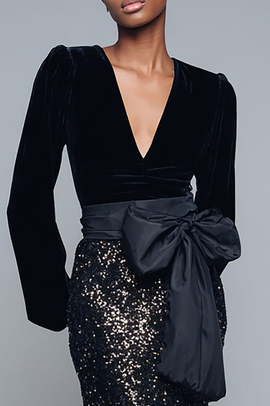 Robe de soirée longue sirène noire scintillante à sequins avec nœud et col en V