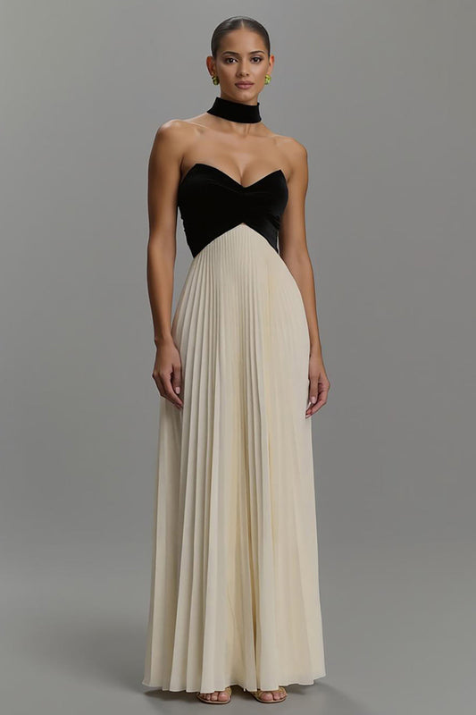 Robe de Soirée Longue en Chiffon Coupe Droite Noire et Ivoire