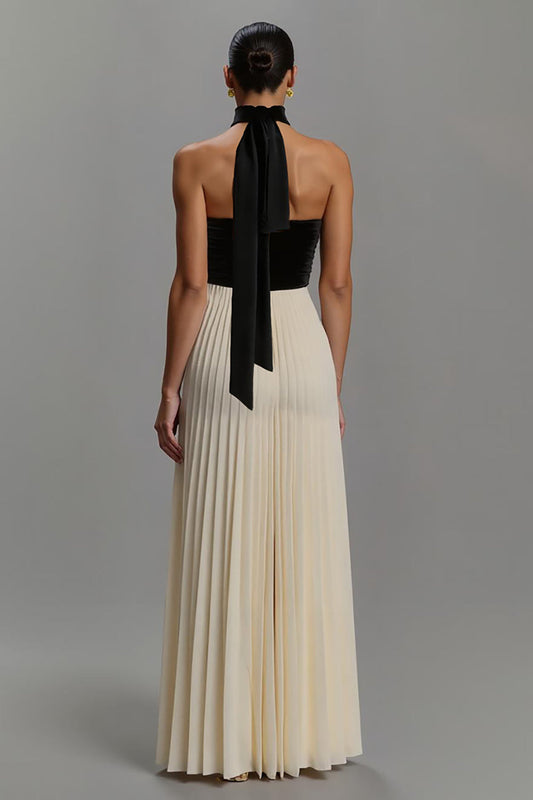 Robe de Soirée Longue en Chiffon Coupe Droite Noire et Ivoire