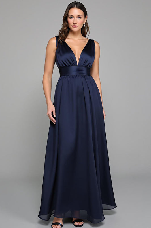 Robe de soirée longue trapèze en mousseline de soie bleu marine à col en V
