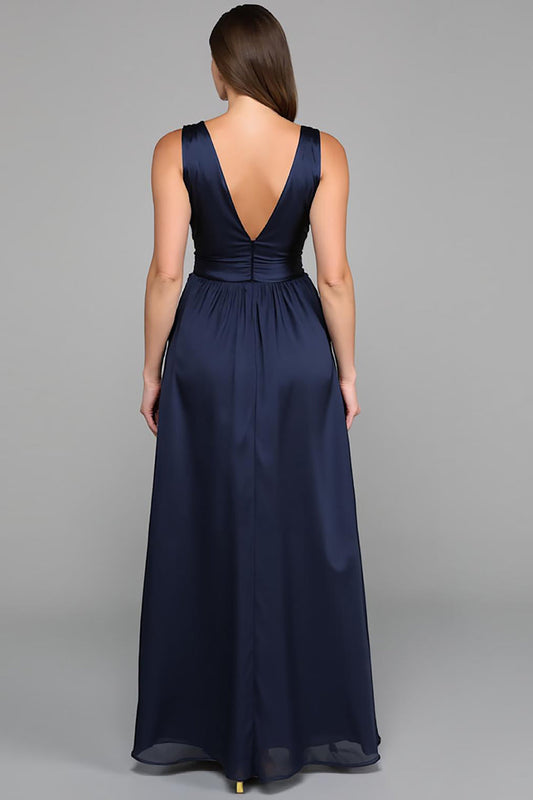 Robe de soirée longue trapèze en mousseline de soie bleu marine à col en V