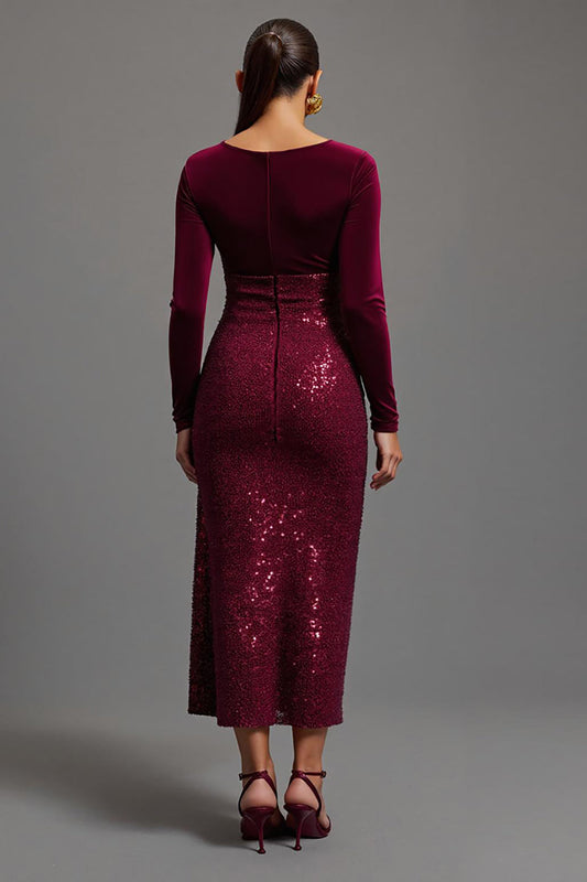 Sparkly Burgundy Sheath Sequined Long Formal Dress with Slit