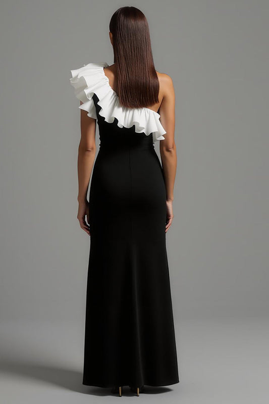 Robe longue de cérémonie asymétrique noire et blanche avec volants, coupe trapèze