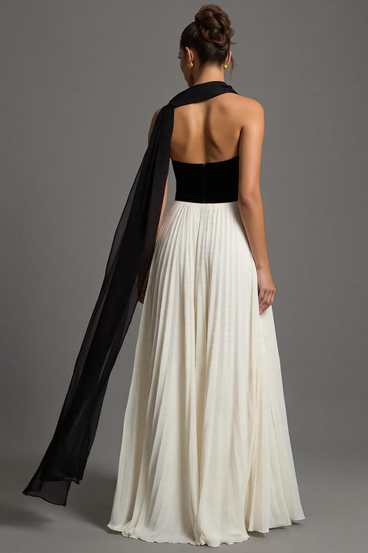 Robe de soirée longue trapèze en mousseline noire et blanche