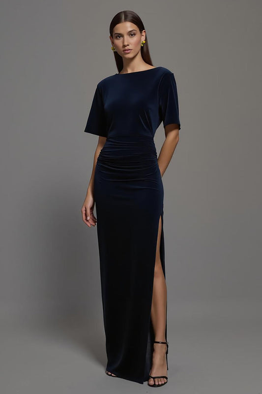 Robe de Soirée Longue Fourreau en Velours Bleu Marine à Encolure Bateau et Fente
