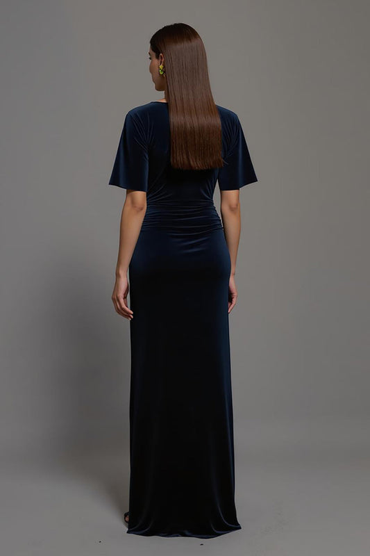 Robe de Soirée Longue Fourreau en Velours Bleu Marine à Encolure Bateau et Fente