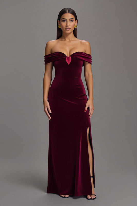 Burgundy Velvet Off-the-Shoulder Long Formal Dress with Slit