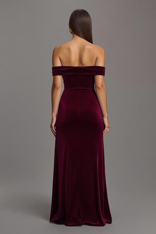 Burgundy Velvet Off-the-Shoulder Long Formal Dress with Slit