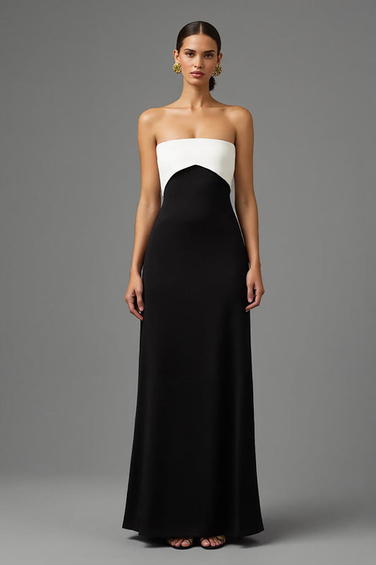 Robe de soirée longue trapèze sans bretelles en satin noir avec nœud