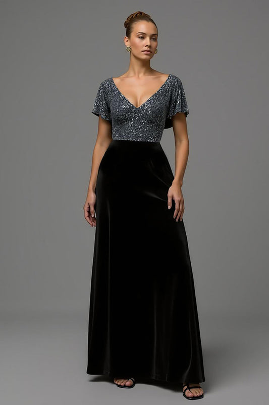 Robe de soirée longue trapèze en velours noir et gris scintillant avec des paillettes