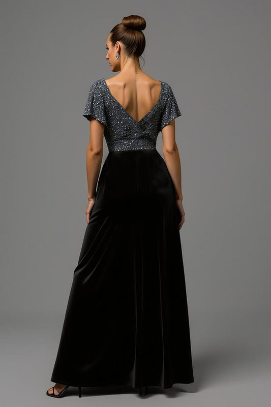 Robe de soirée longue trapèze en velours noir et gris scintillant avec des paillettes