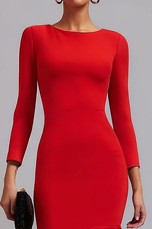Red Satin Long Sleeve Mermaid Midi Work Dress With Ruffles