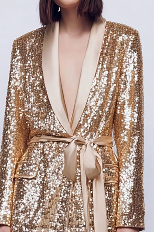 Sparkly Gold 2 Piece Women's Prom Suit with Sash