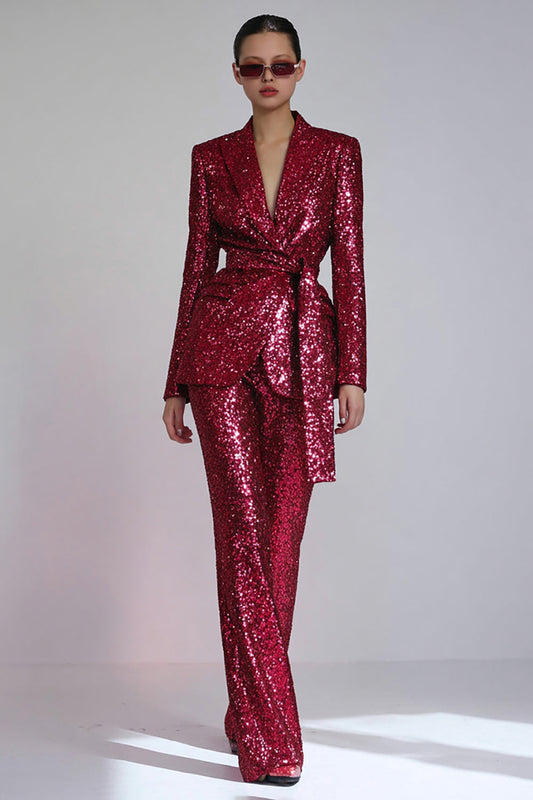 Sparkly Red 2 Piece Women's Prom Suit with Sash