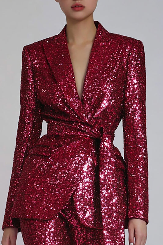 Sparkly Red 2 Piece Women's Prom Suit with Sash
