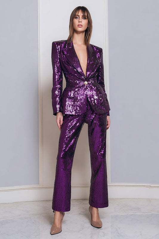2 Piece Sequined Dark Purple Sparkly Women's Prom Suits With Sleeves