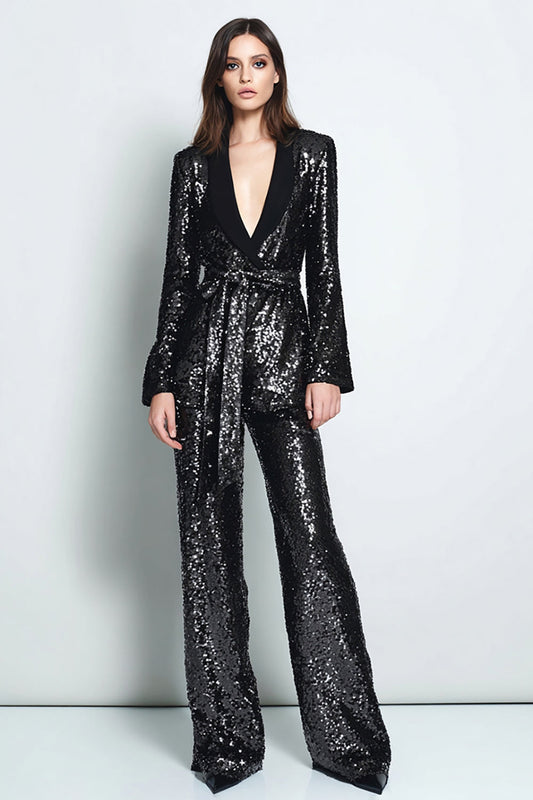 Sparkly Black Sequined 2-Piece Shawl Lapel Women's Prom Suit
