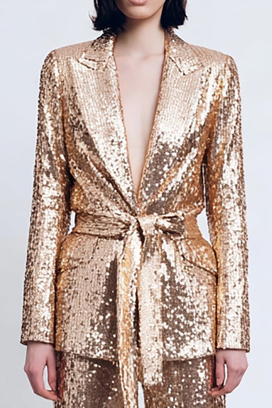 Sparkly Gold Peak Lapel 2-Piece Sequin Women's Prom Suit with Sash